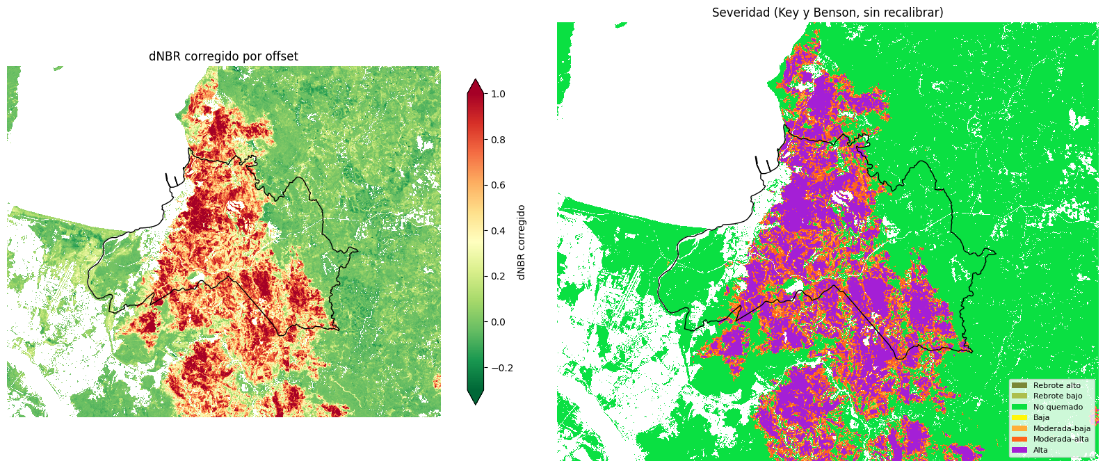 Mapas de dNBR corregido y de severidad del incendio de Penco y Lirquén