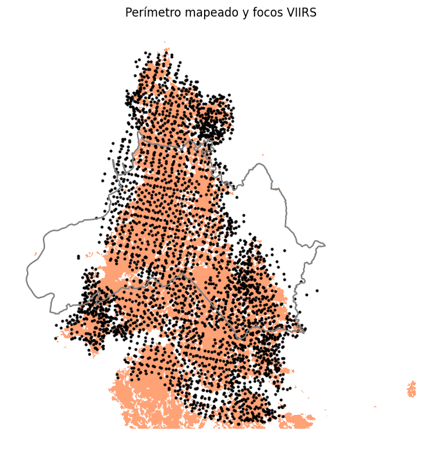Perímetro mapeado y focos de calor VIIRS