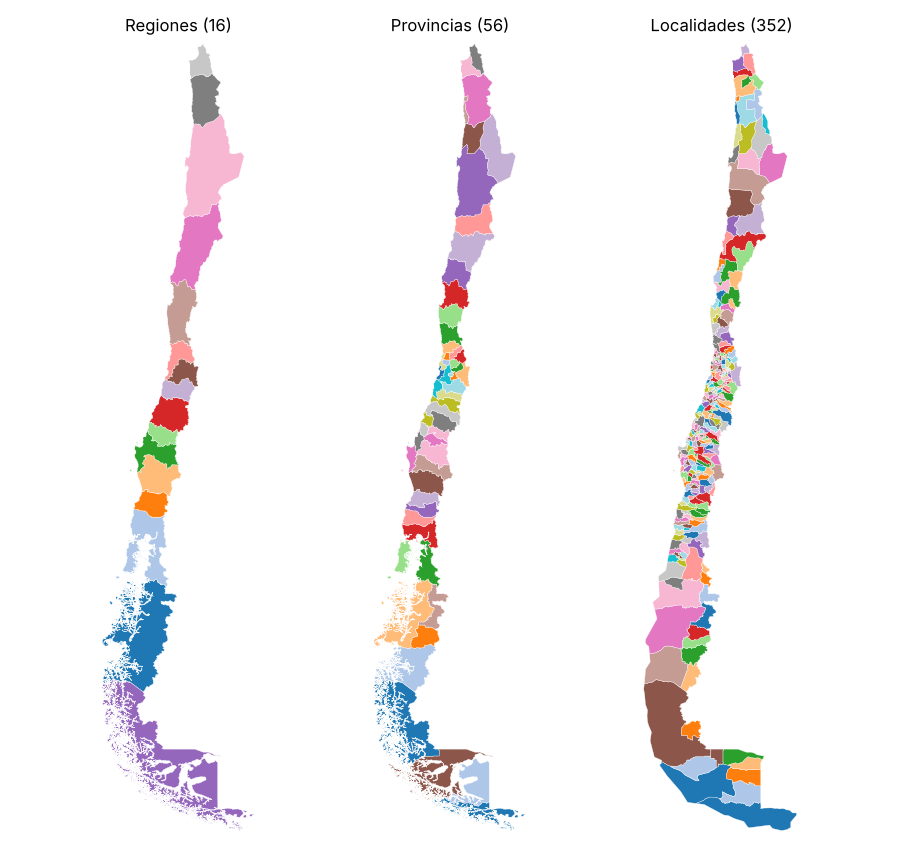 Mapa de Chile con límites administrativos de regiones, provincias y localidades extraídos de Overture Maps