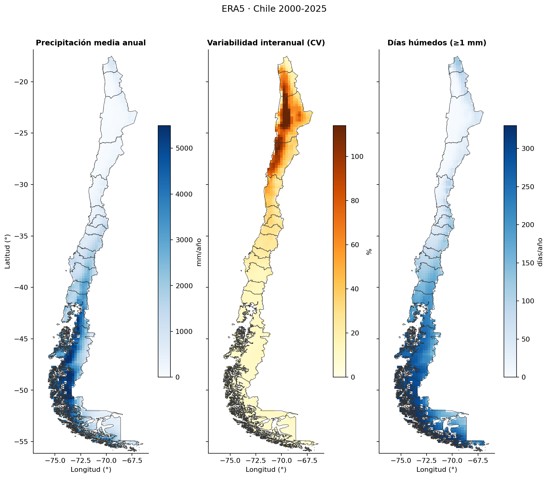 Mapas de precipitación media anual, variabilidad interanual y días húmedos en Chile
