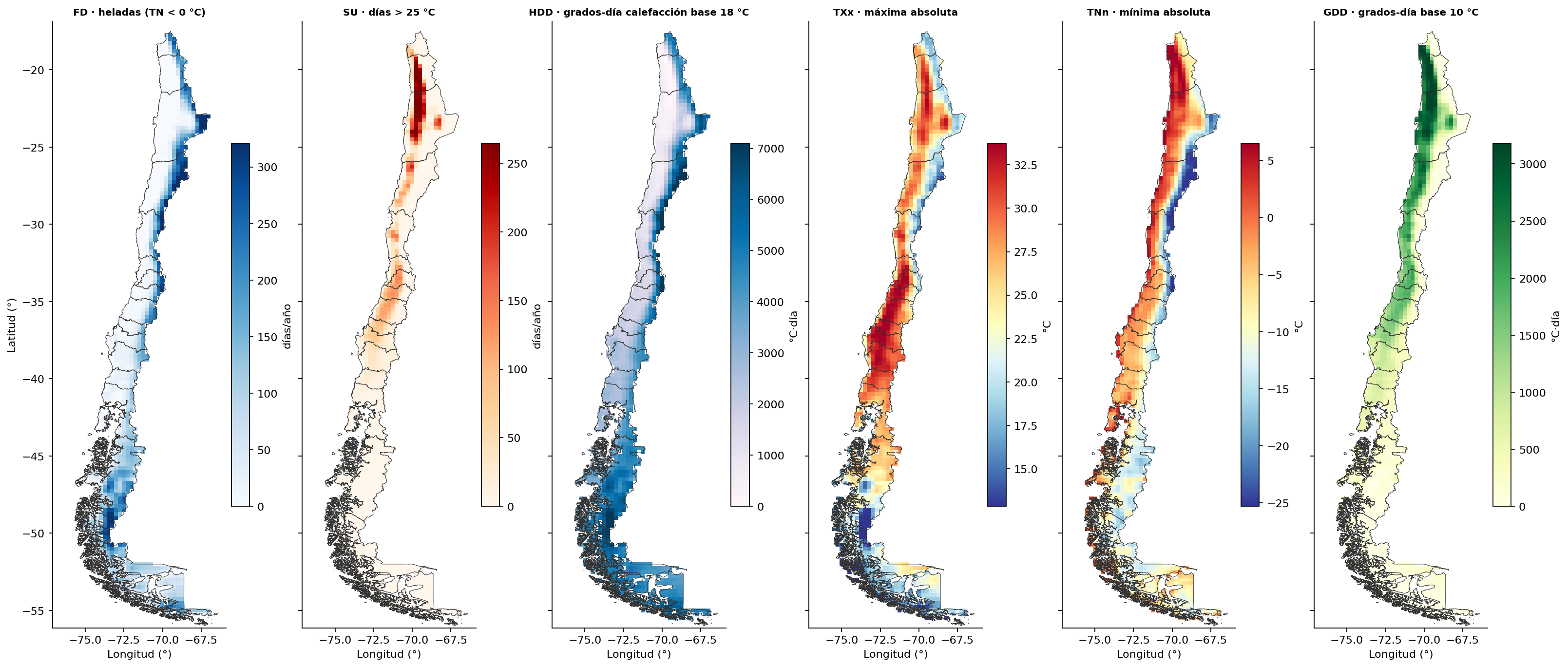 Mapas de heladas, días sobre 25 °C, grados-día de calefacción, máxima absoluta, mínima absoluta y grados-día de crecimiento en Chile